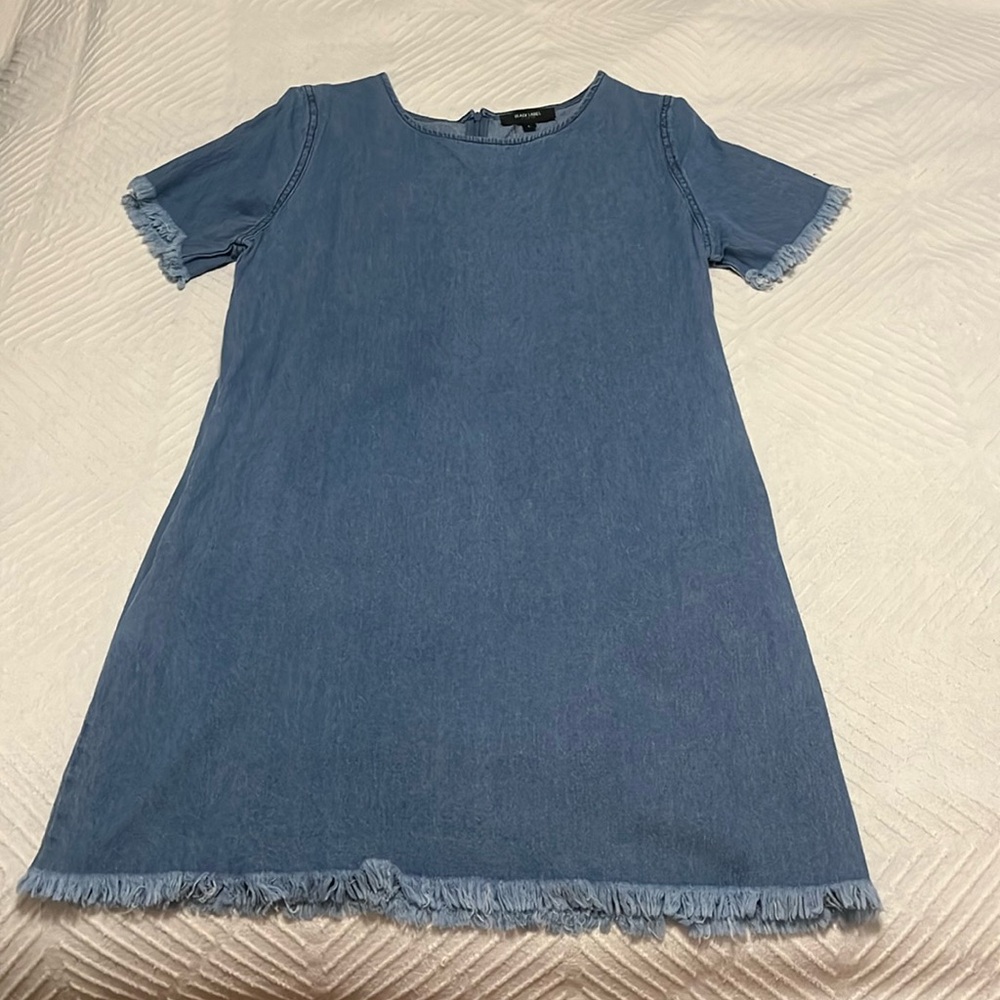 Denim mini dress with frayed edges
